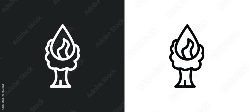 Poster burning tree icon isolated in white and black colors. burning tree outline vector icon from meteorol