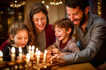 Family with children celebrating Hanukkah day. Candle lighting ceremony