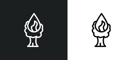 burning tree icon isolated in white and black colors. burning tree outline vector icon from meteorology collection for web, mobile apps and ui.