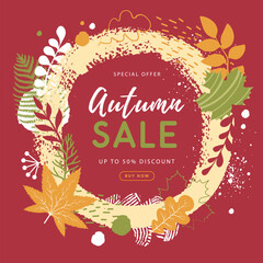Autumn big sale poster with simple floral elements and autumn leaves. Leaf fall. Vector illustration