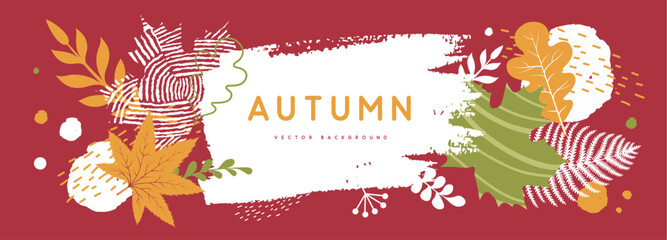 Autumn background with simple floral elements and autumn leaves. Leaf fall. Vector illustration