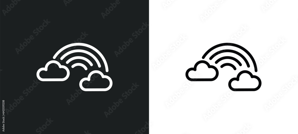 Poster rainbow behind a cloud icon isolated in white and black colors. rainbow behind a cloud outline vecto