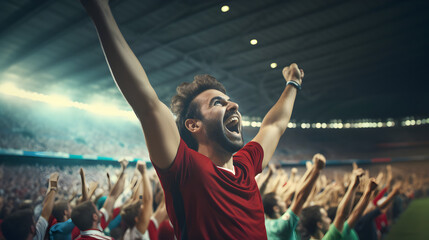 Fans cheering in a soccer stadium, man in front cheering with raised hands
