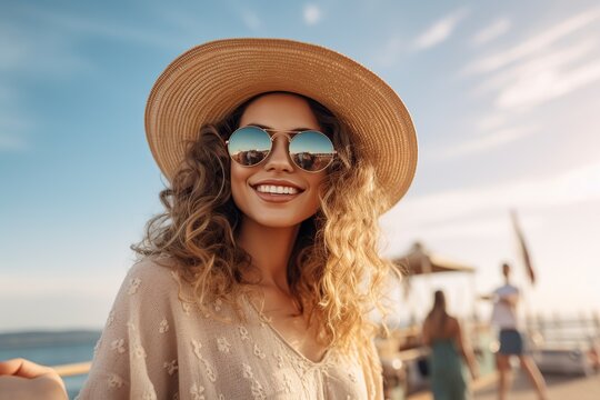 young woman in sunglasses and straw hat looking
