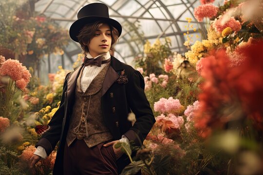 close up portrait of handsome man wearing 18th century Regency black outfit standing in flower blossom garden, Generative Ai