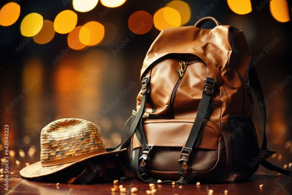 Sticker A brown backpack and hat on a wooden floor, AI