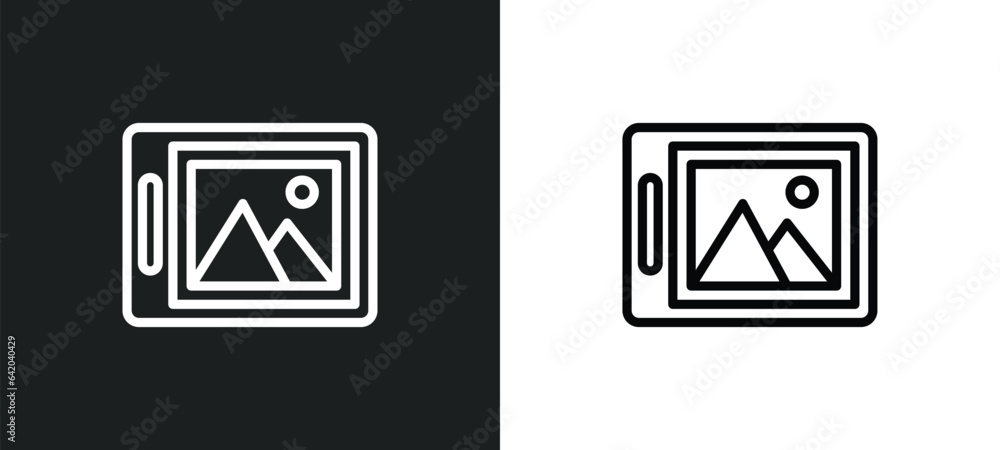Poster tablet with picture icon isolated in white and black colors. tablet with picture outline vector icon