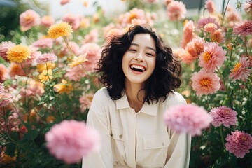  close up portrait of cute happy Asian woman in flower blossom field, Generative Ai