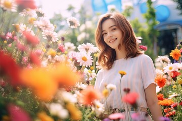  close up portrait of cute happy Asian woman in flower blossom field, Generative Ai