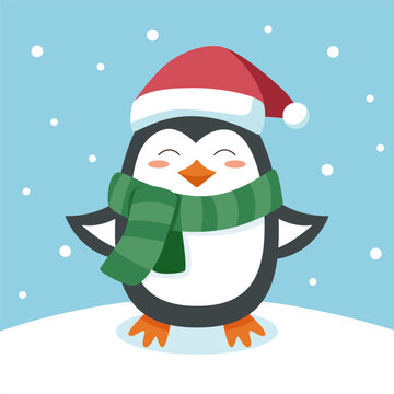 Christmas and winter concept. Penguin in Santas hat.