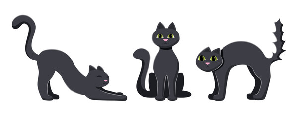 Set of three black cats. Halloween concept.