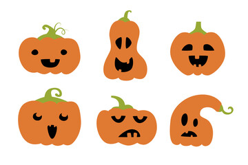 Halloween concept. Set of characters - six scary pumpkins.