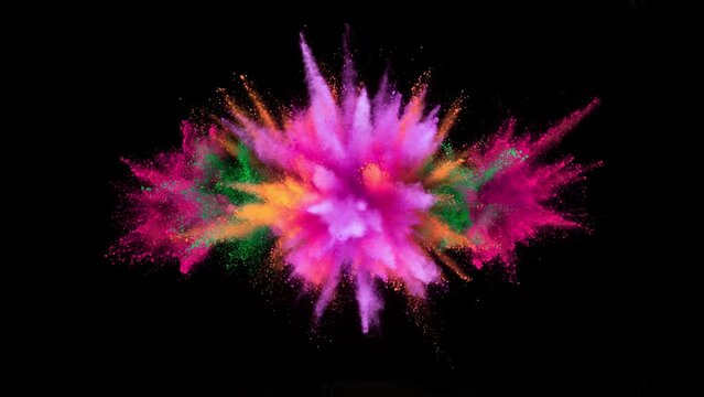 Super Slow Motion of Colored Powder Explosion in Reverse Speed. Filmed on High Speed Cinema Camera, 1000fps. Isolated on Black Background.