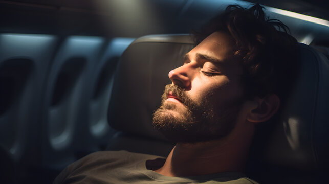 Traveler's face illuminated by the glow of an overhead airplane reading light during a long flight