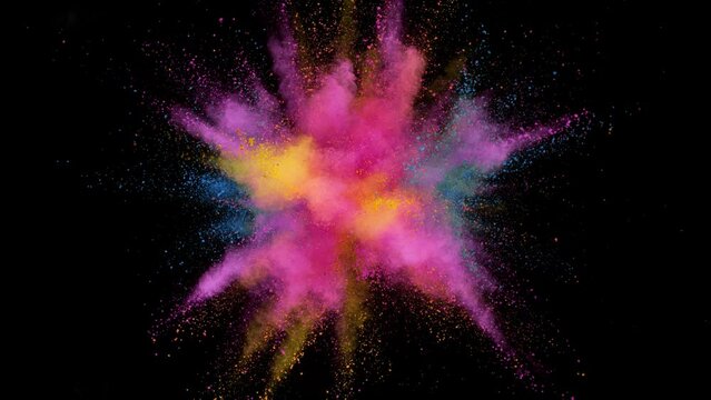 Super Slow Motion of Colored Powder Explosion in Reverse Speed. Filmed on High Speed Cinema Camera, 1000fps. Isolated on Black Background.