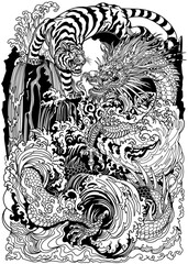 Asian dragon and white tiger meetings at a waterfall. Chinese celestial animals. Mythological creatures looking at each other, surrounded by water waves. Vertical, graphic style vector illustration