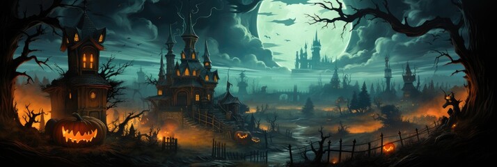 Halloween holiday, scary background with pumpkins, candles, bats and monsters - obrazy, fototapety, plakaty