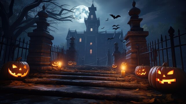 Halloween holiday, scary background with pumpkins, candles, bats and monsters