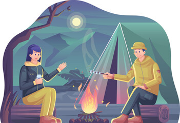 Man and Woman Camping at Night while Roasting Marshmallow Illustration