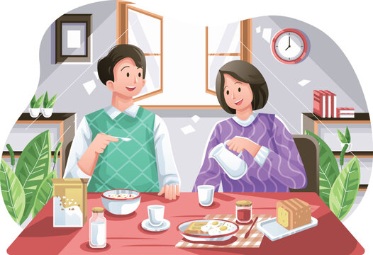 Couple eating Cereal and Sandwich as Breakfast at Home Illustration
