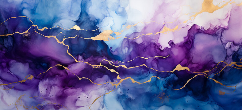 Fondo abstracto - Alcohol ink tinta, fluido, - Oro elegante, azul, morado, blanco 