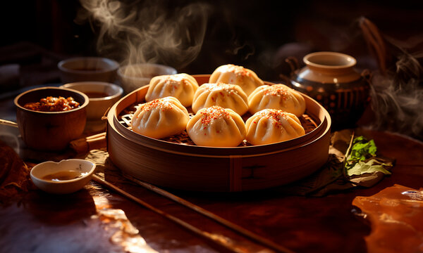 Pan bao - Comida japonesa, cocina al vapor, comida asiatica - Carne o verduras - Caliente humo 