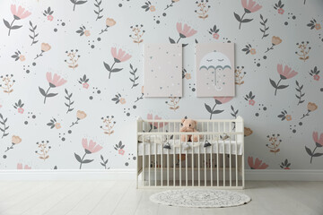 Minimalist room interior with baby crib and cute wallpapers