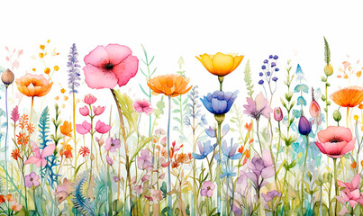Flores estilo acuarela - Plantas y naturaleza pintura - Ilustracion amapolas, lavanda, margaritas - Fondo blanco - obrazy, fototapety, plakaty
