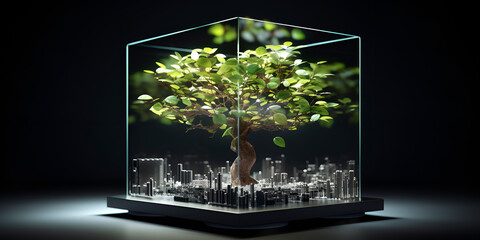 A glass box with tree insid nature Background