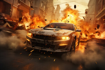 Thrilling and intense moment of a realistic car chase through a cityscape with explosions adding to the chaos. Convey a sense of speed, danger, and excitement. Generative Ai