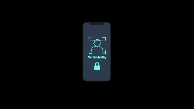 Black Mobile phone and face recognition icon isolated on alpha channel background. Face identification scanner icon. Facial id. Cyber security. 4K Video motion graphic animation.
