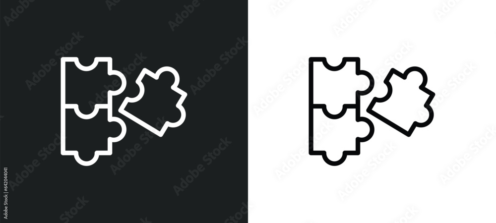 Poster puzzle game piece icon isolated in white and black colors. puzzle game piece outline vector icon fro
