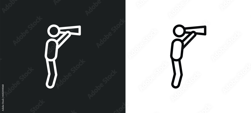 Poster man looking icon isolated in white and black colors. man looking outline vector icon from business c