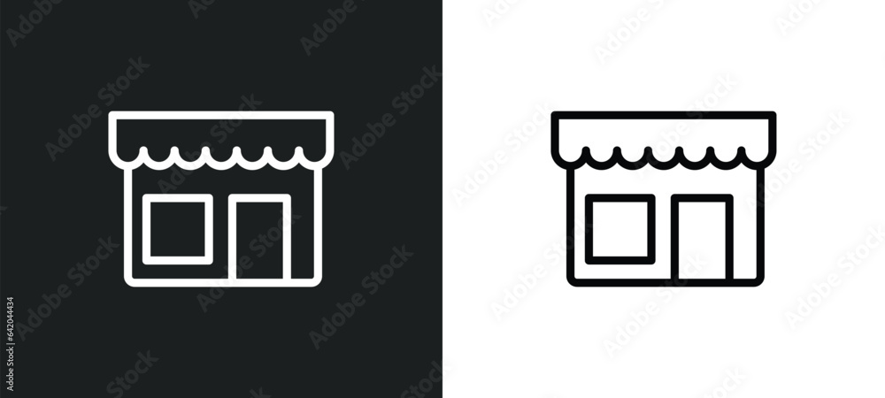 Poster front store with awning icon isolated in white and black colors. front store with awning outline vec