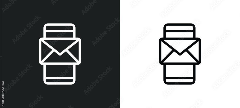 Poster mobile receiving email icon isolated in white and black colors. mobile receiving email outline vecto