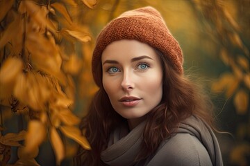 Portrait of beautiful girl in woolen hat and coat, among autumn leaves.