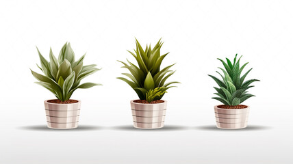3D realistic, potted plants, interior decoration, on white background.