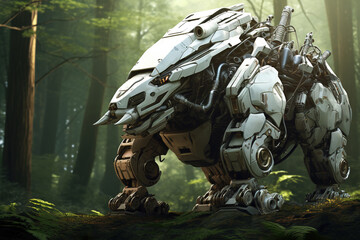Image of rhinoceros electronic gundam robot technology in the forest. Wildlife Animals. Generative AI. Illustration.