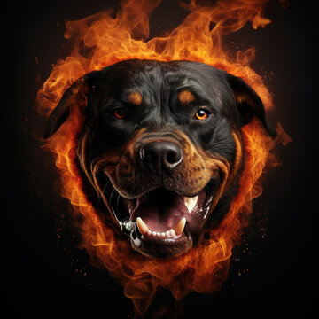 Image of angry rottweiler dog face and flames on dark background. Pet. Animals. Illustration, Generative AI.