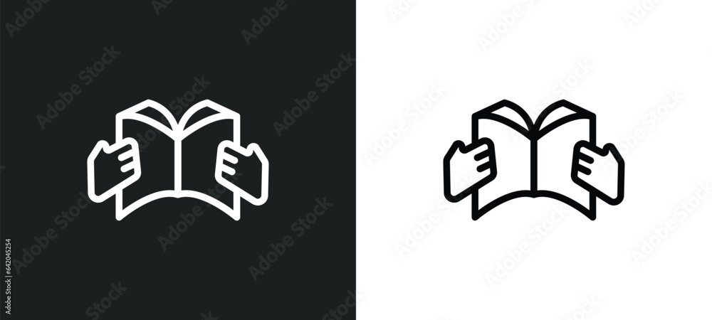 Poster reading book icon isolated in white and black colors. reading book outline vector icon from educatio