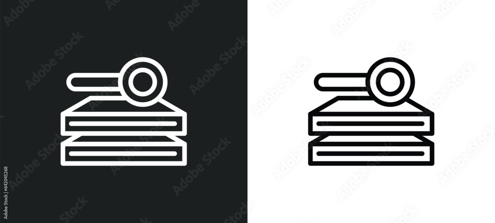 Poster stack of books and magnifier icon isolated in white and black colors. stack of books and magnifier o