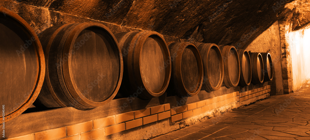 Canvas Prints Many wooden barrels in cellar, banner design