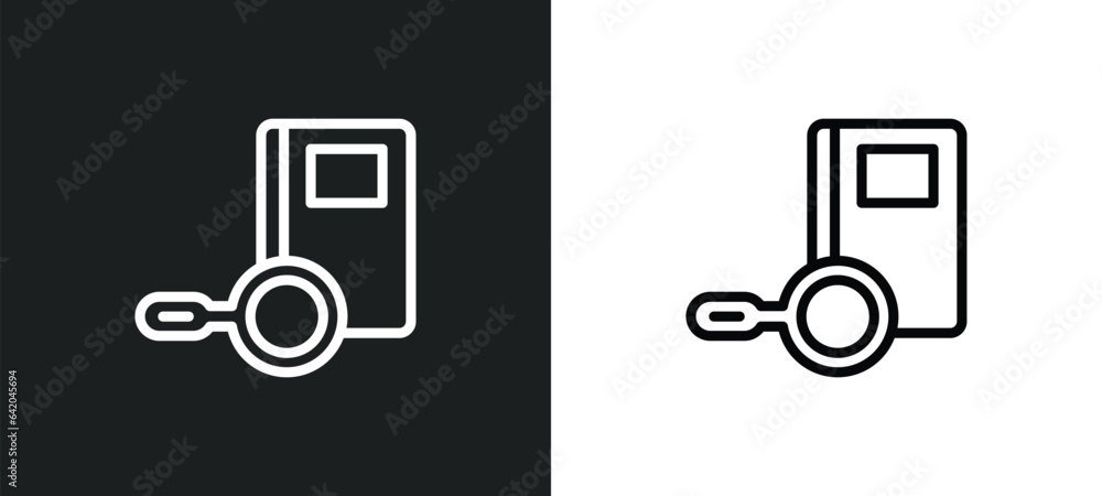 Poster book and magnifying icon isolated in white and black colors. book and magnifying outline vector icon