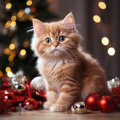 Cute red cat with Christmas tree and decorations on white background, ai technology