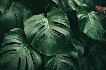 Green leaves of tropical plants on a green background