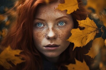 Portrait of beautiful girl with freckles and red hair, among autumn leaves.