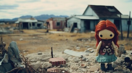Forgotten wild west red hair cowgirl toy doll, left behind to live in a ghost town, dry desert ruins, scorching hot, buildings in state of decay - generative AI art - obrazy, fototapety, plakaty