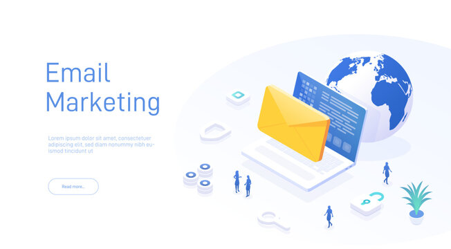 Email service concept. Electronic mail message as business marketing. Newsletter sending mobile service layout or webmail. Web banner template. Email isometric vector illustration.