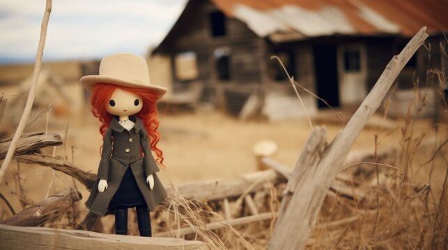 Forgotten wild west red hair cowgirl toy doll, left behind to live in a ghost town, dry desert ruins, scorching hot, buildings in state of decay - generative AI art