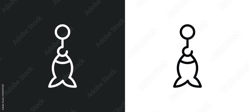 Poster fish shaped bait icon isolated in white and black colors. fish shaped bait outline vector icon from 